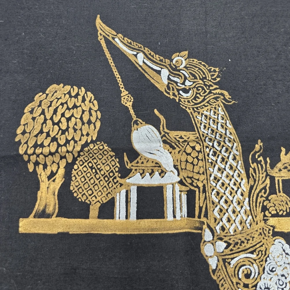 Vintage Thai Silk Scarf Panel Gold Temple Boat Scene Black 20x18